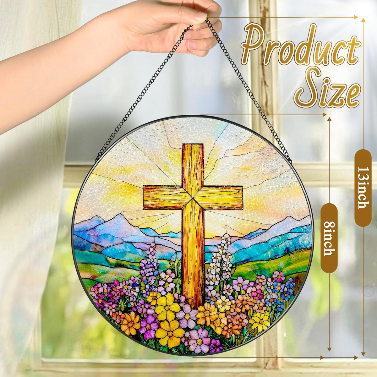 8 Inch Cross Wildflower Stained Glass Suncatcher, Christian Stained Glass Window Hanging, Religious