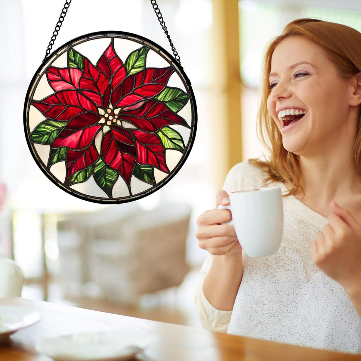Stained Glass Window Hanging - Red Poinsettia Birth Flower Suncatcher for Door Garden Yard Sun
