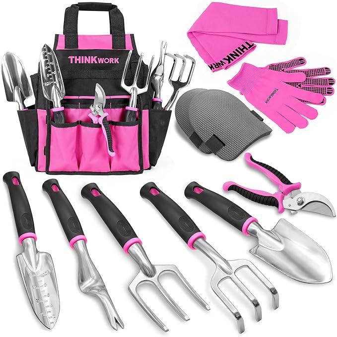 THINKWORK Pink Garden Tools, Gardening Gifts for Women, with 2 in 1 Detachable Storage Bag, Trowel