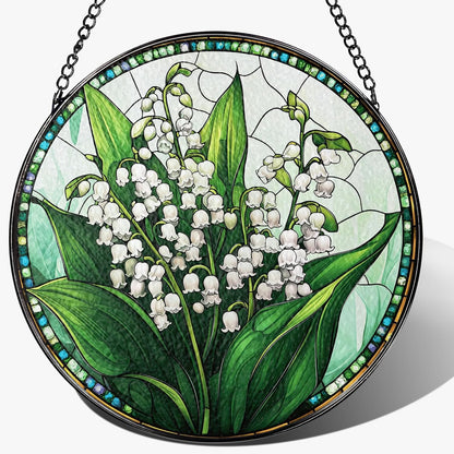 8-Inch Stained Glass Ornament, Stained Glass Window Hanging, Lily of Valley Flower Ornament, Window
