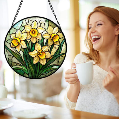 Stained Glass Window Hanging, Daffodil Plant Flowers Sun Catchers Diamond Glass Panel Hangings