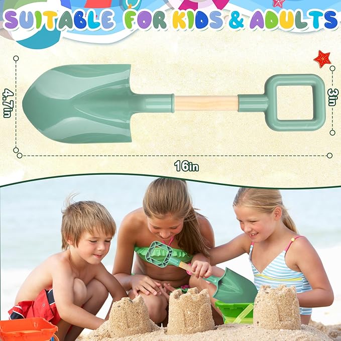 Wood Handle Beach Shovel for Kids Digging, Sand Spade Sandbox Toy for Kids 4-12, Safe Plastic