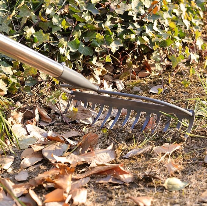 Garden Rake, 5 FT Metal Rake for Lawns Level Head Rakes with Stainless Steel Handle for Loosening