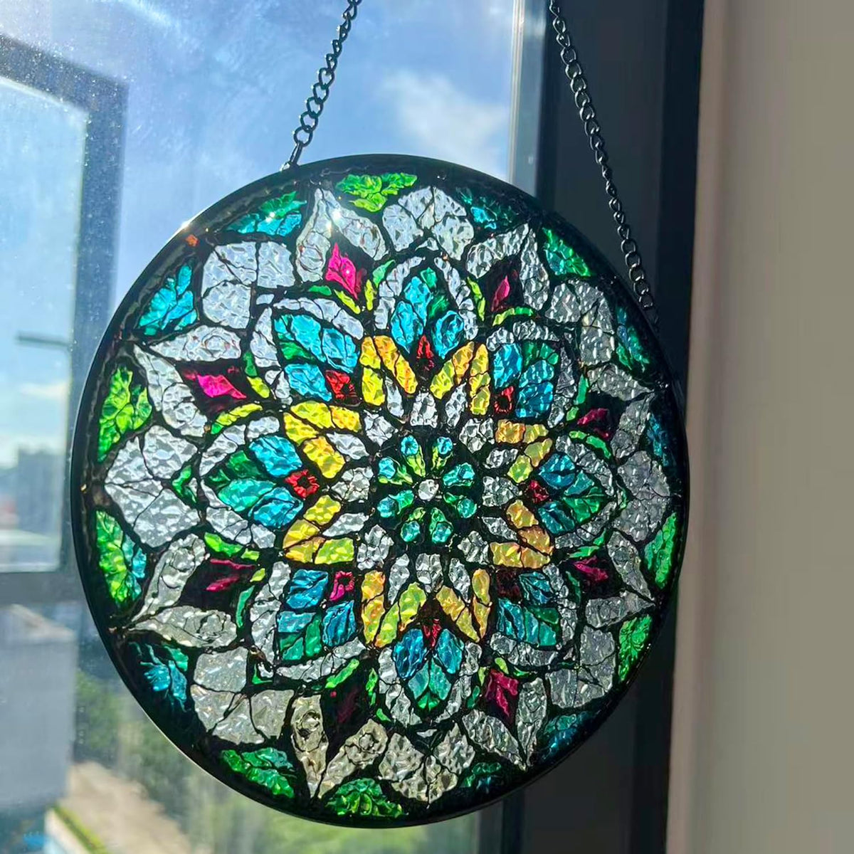 Bohemian Mandala Stained Glass Window Hanging Sun Catcher Indoor Outdoor Home Garden Panel Hangings