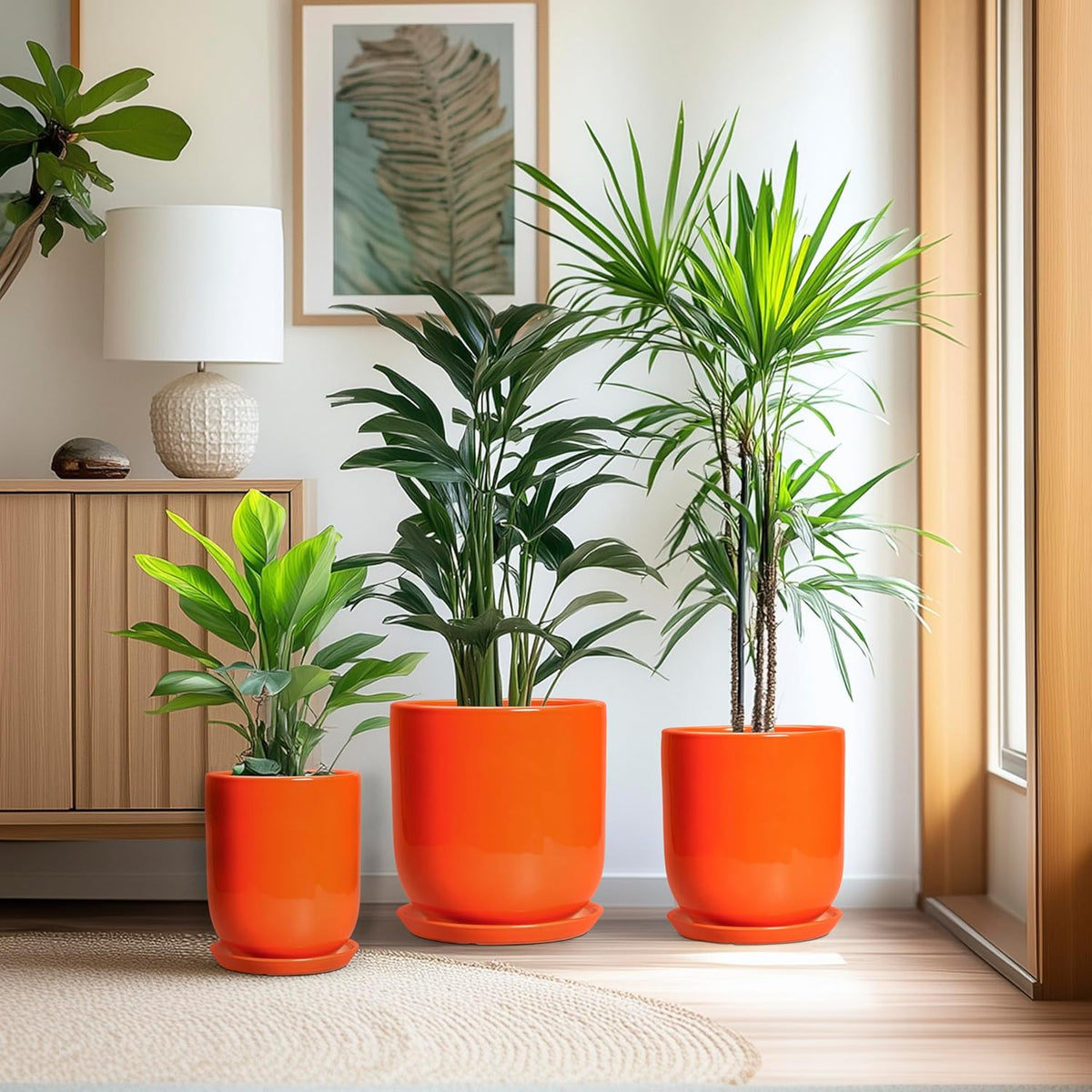 12 Inch Pots for Plants - Ceramic Planter with Drainage Hole and Saucer, Decorative Round Large