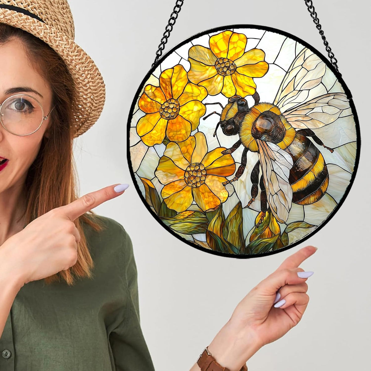 Stained Glass Window Hanging - Yellow Bees Gathering Flowers Sun Catcher for Door Garden Home Decor