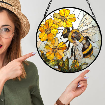 Stained Glass Window Hanging - Yellow Bees Gathering Flowers Sun Catcher for Door Garden Home Decor