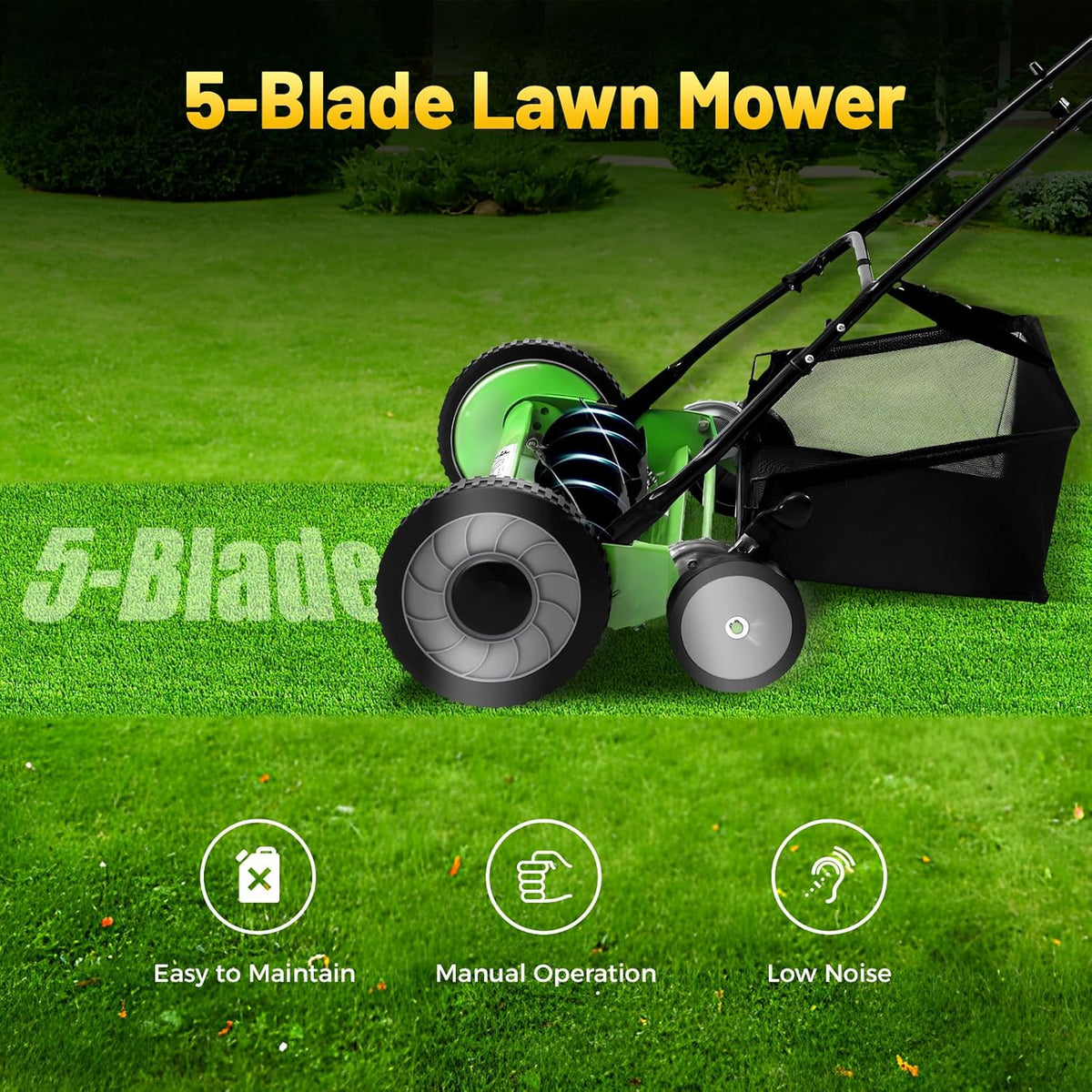 20 Inch 5-Blade Push Reel Lawn Mower, Cordless Manual Lawn Mower with Grass Catcher, Adjustable