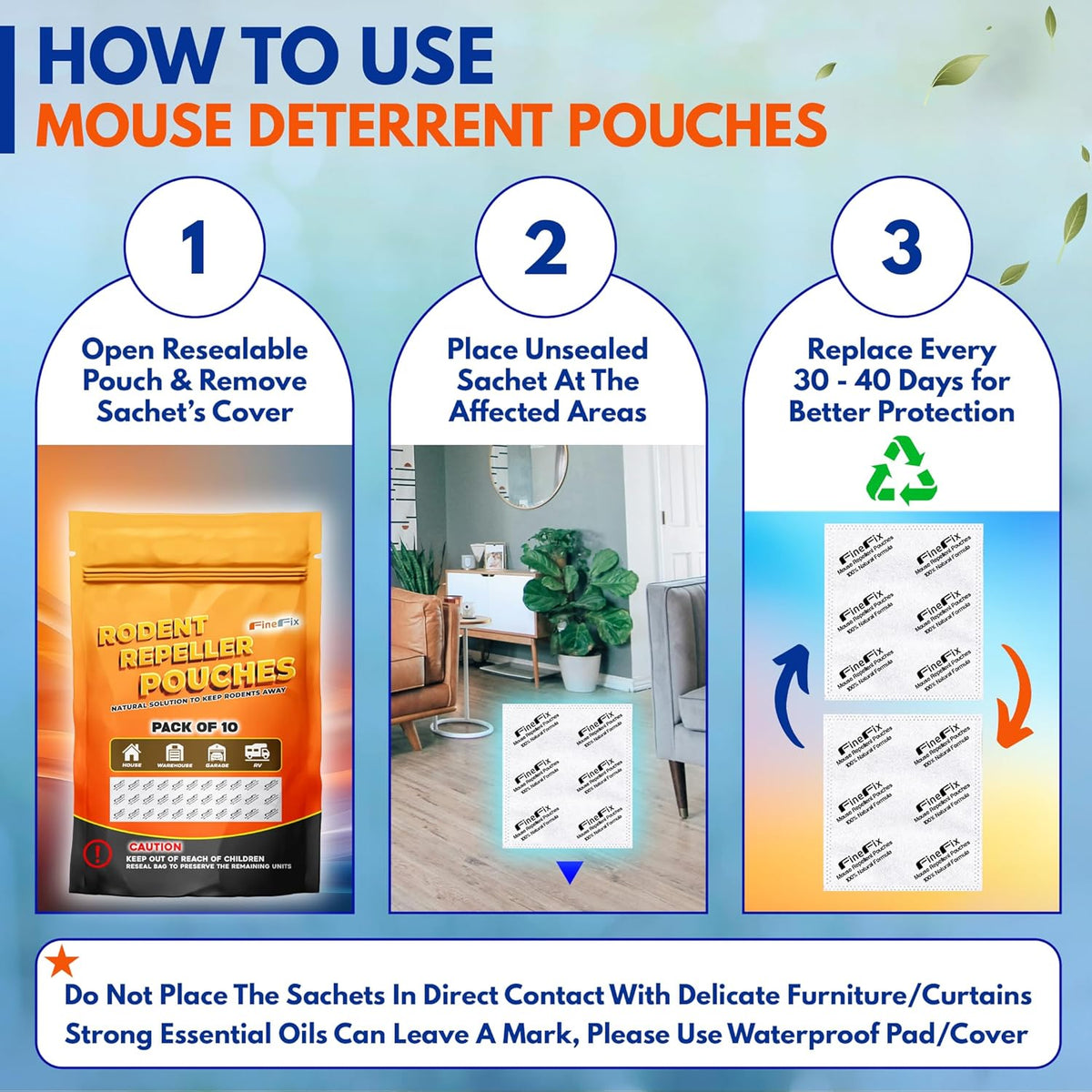FINEFIX Pack of 10 Mouse Repellent Pouches Prepared with a Modified Botanical Formula Which