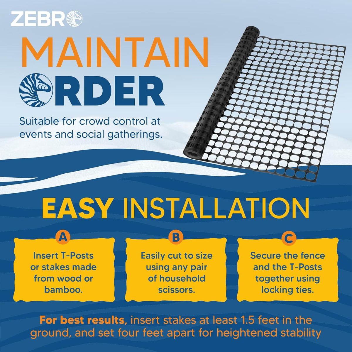 ZEBRO 4' x 50' Black Plastic Garden Fence Roll – Standard Duty Safety Netting for Snow, Poultry