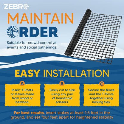 ZEBRO 4' x 50' Black Plastic Garden Fence Roll – Standard Duty Safety Netting for Snow, Poultry