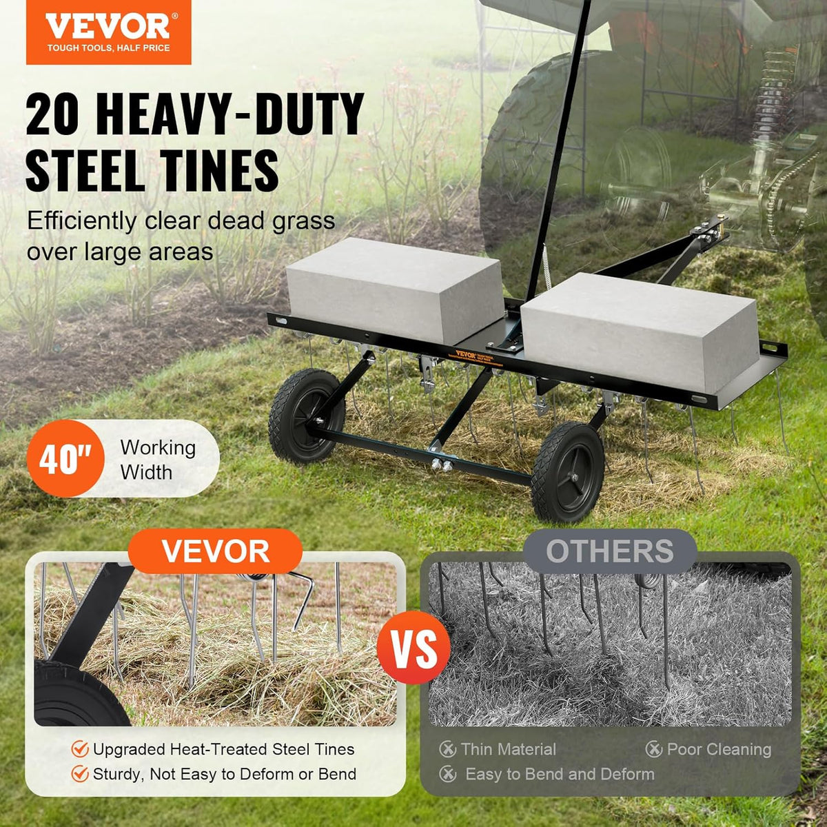VEVOR Tow Behind Dethatcher, 40-inch Tow Dethatcher with 20 Spring Steel Tines, Lawn Dethatcher