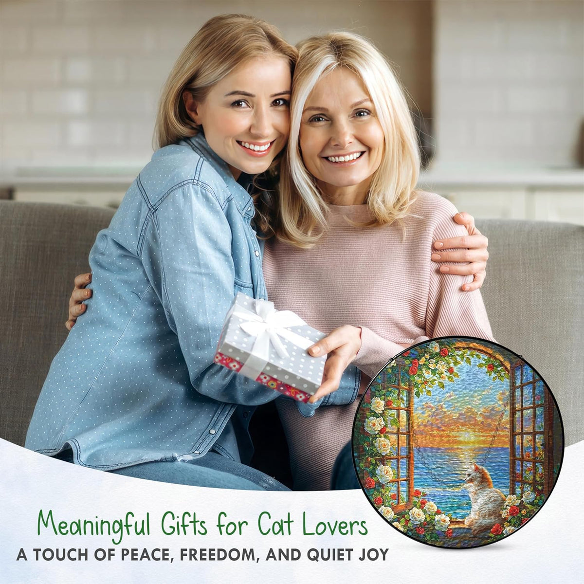 FLAGWIX Christmas Cat Gifts for Women - Stained Glass Window Hanging 8 in - Beach Gifts for Women