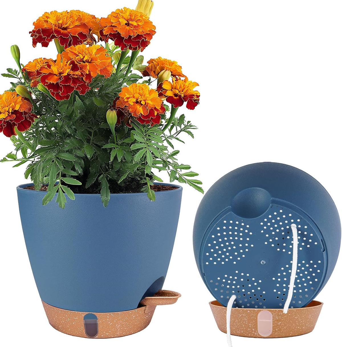2 Pack 8 inch Plant Pots, Plastic Self Watering Planters with Drainage Holes, Deep Reservoir, Water