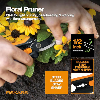 Fiskars Flower Gardening Tool Set with Floral Pruner, Trowel, Cultivator, Garden Gloves, and