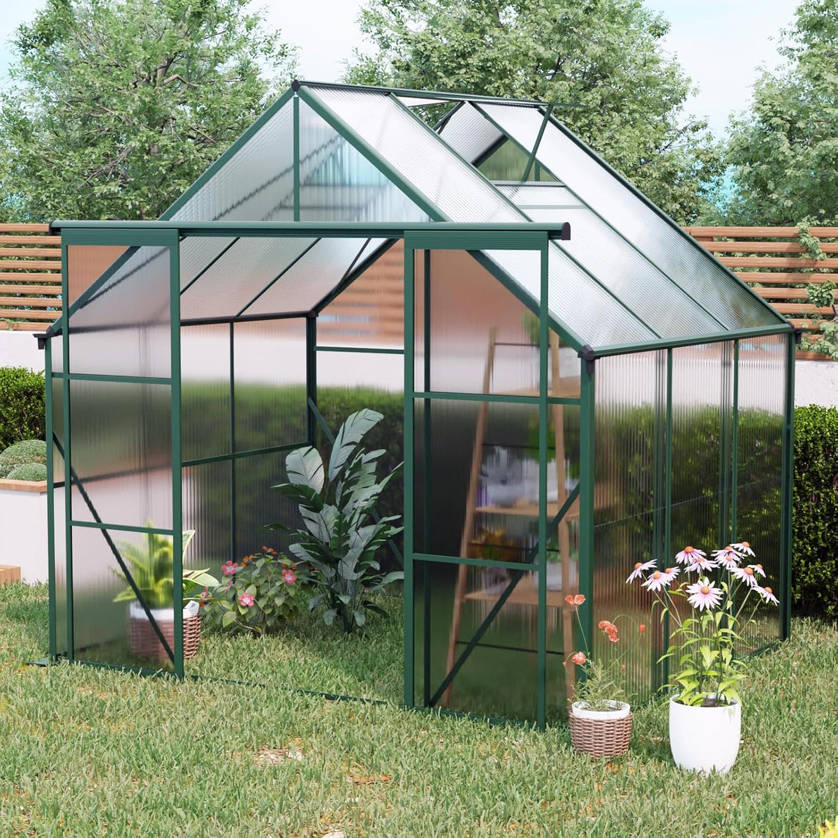 KEIKI 8x6 FT Double Door Polycarbonate Greenhouse with Aluminum Frame,Raised Base and Roof