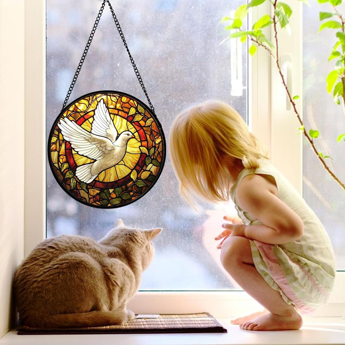 Stained Glass Window Hanging, Flying White Dove Sun Catchers Diamond Glass Panel Hangings Cute