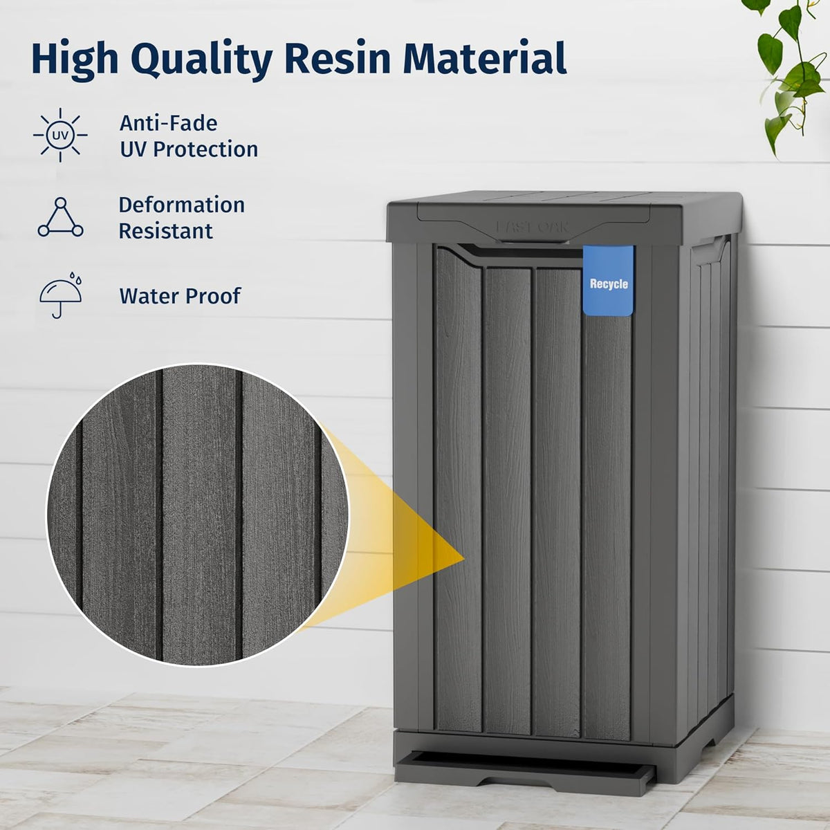 EAST OAK 31 Gallon Outdoor Trash Can | Waterproof Resin Garbage Can with Recycle and Garbage Labels