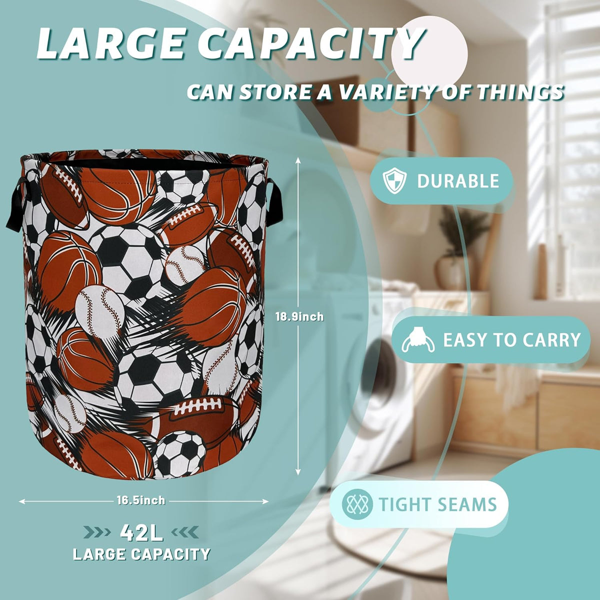 Funny Football Basketball Laundry Basket Foldable With Handles Tote Bag Oxford Cloth Colorful