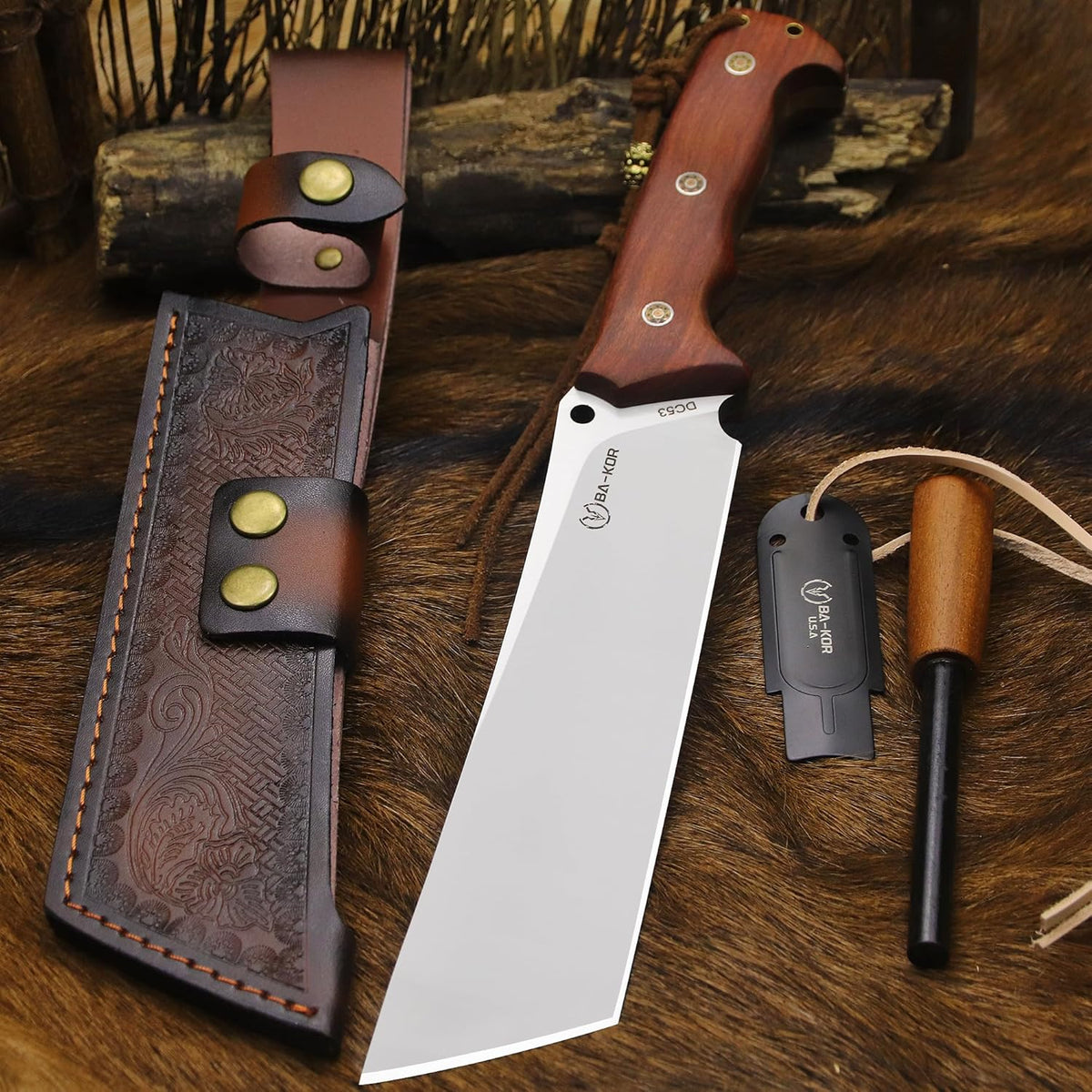 BA-KOR 14-inch full Tang 8mm thick DC53 steel-wood handle brass rivet reinforced one-piece knife +