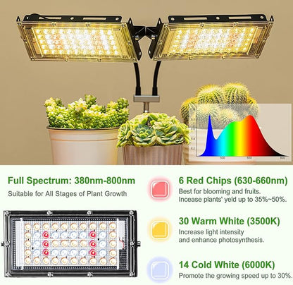 LBW Grow Light for Indoor Plants, Dual Heads Full Spectrum LED, Auto On/Off Timer, 6 Dimmable