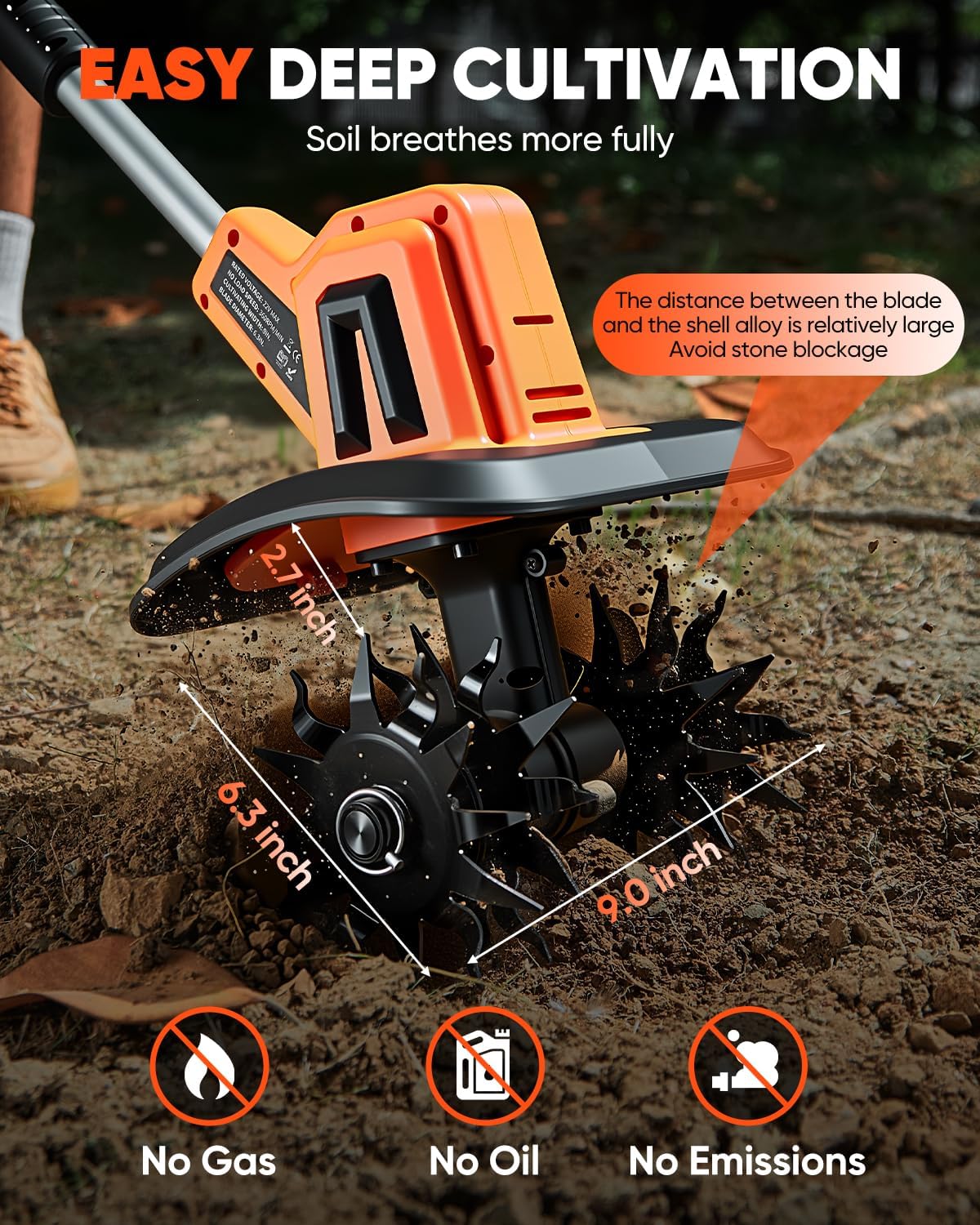 Saker 22V Cordless Electric Garden Tiller Cultivator, Rototiller for Gardening with 3 Adjustable
