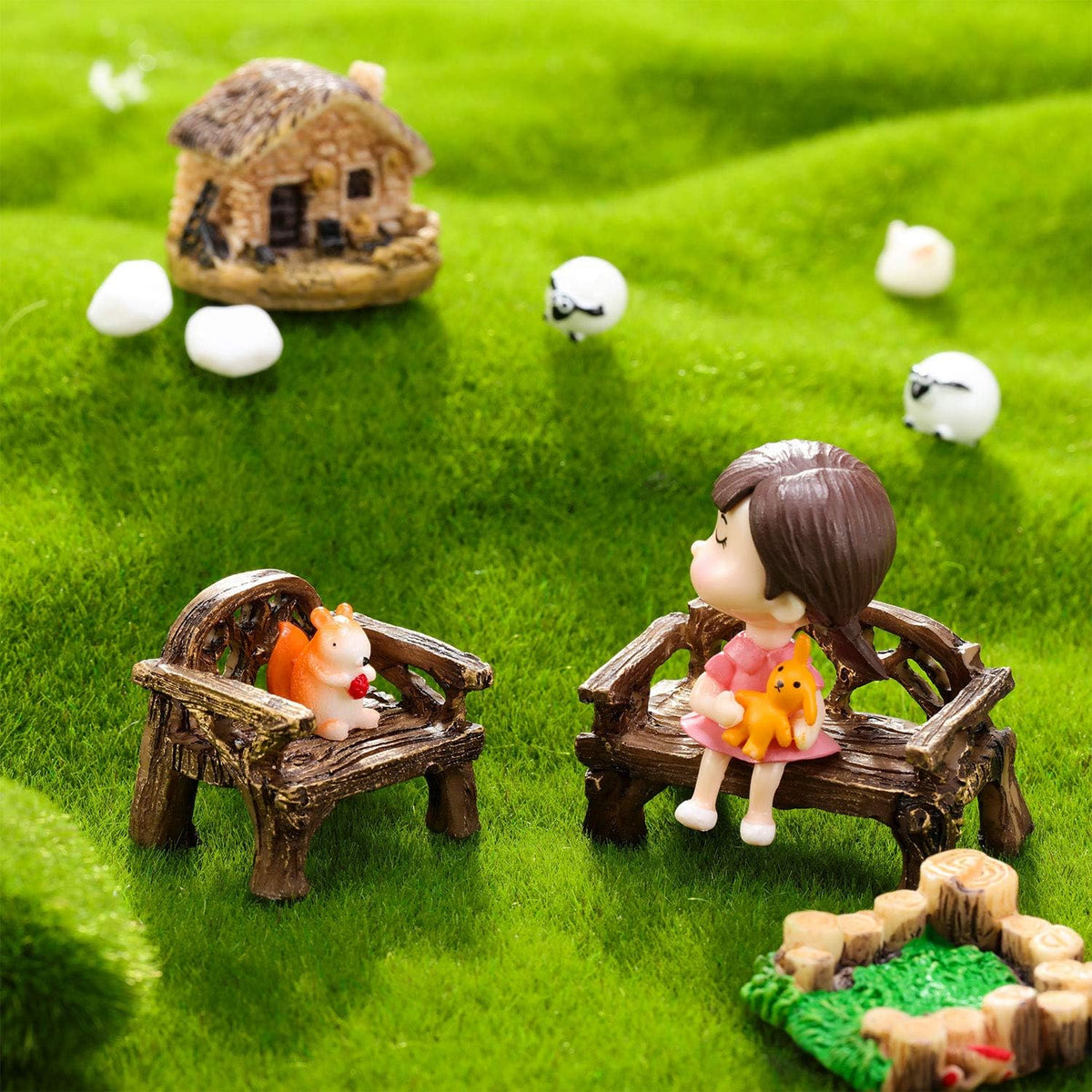 Skylety 12 Pieces Garden Furniture Ornaments Miniature Table and Chairs Set Village Micro Resin