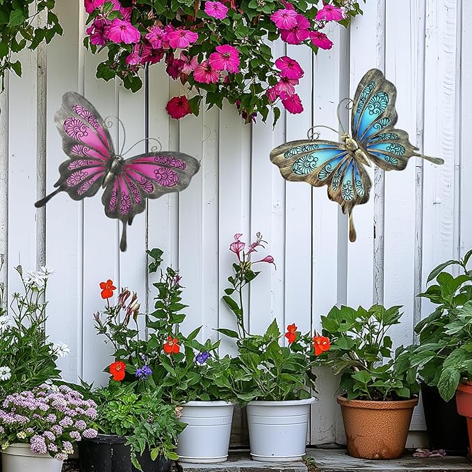 LIFFY Metal Butterfly Wall Decor,2Pack 12" Glass Butterfly Outdoor Wall Art Sculptures,Hanging