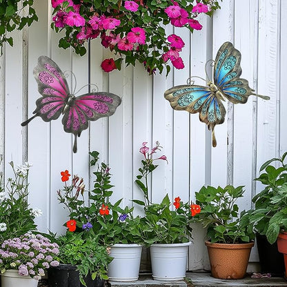 LIFFY Metal Butterfly Wall Decor,2Pack 12" Glass Butterfly Outdoor Wall Art Sculptures,Hanging