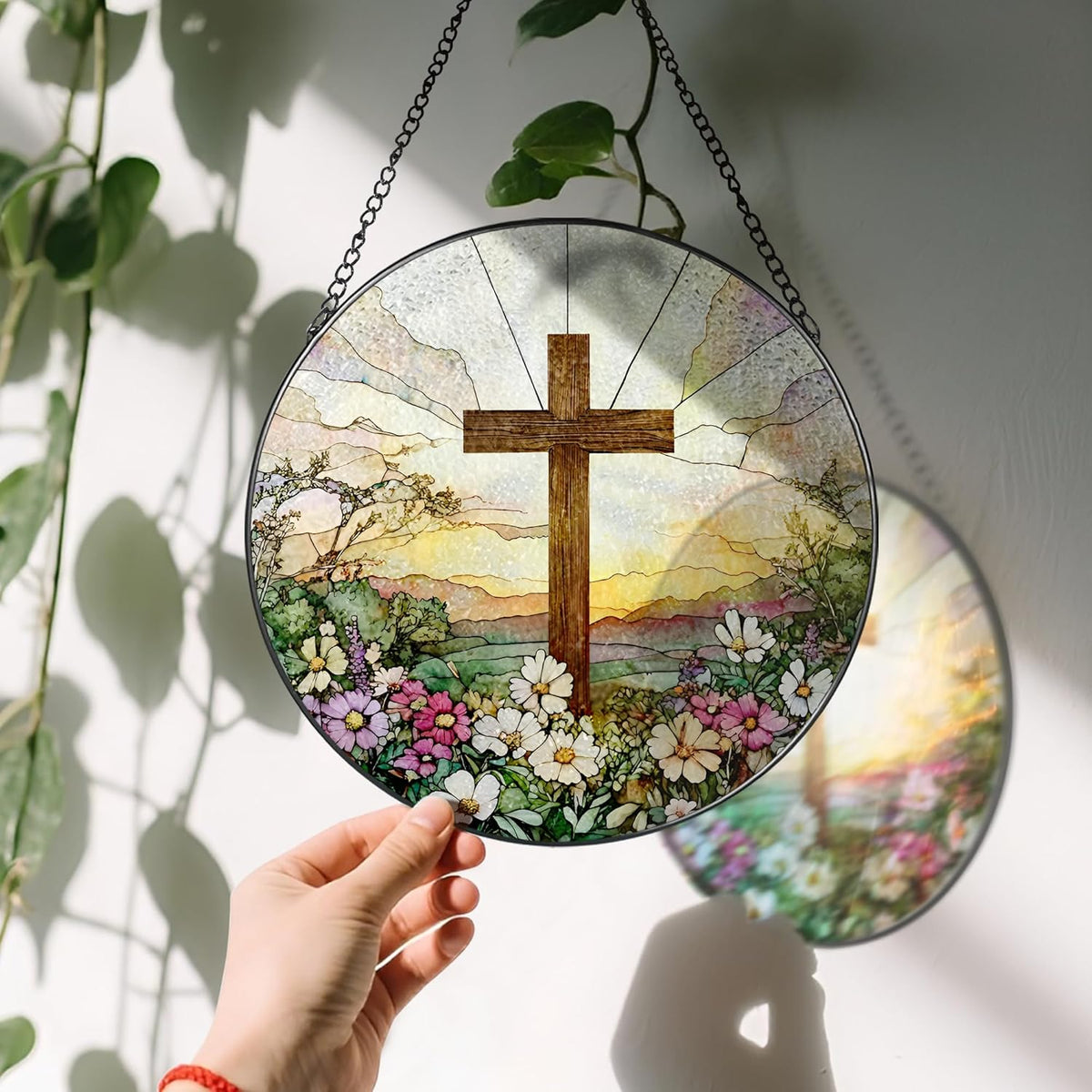 8 Inch Stained Glass Cross & Wildflowers Suncatcher Christian Hanging Ornament Gift for Religious