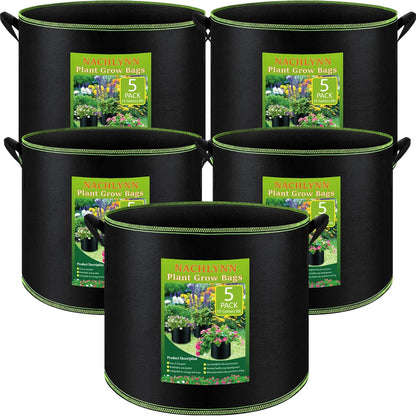 NACHLYNN 5-Pack 10 Gallon Grow Bags with Handles Thickened Nonwoven Fabric Pots Heavy Duty Aeration