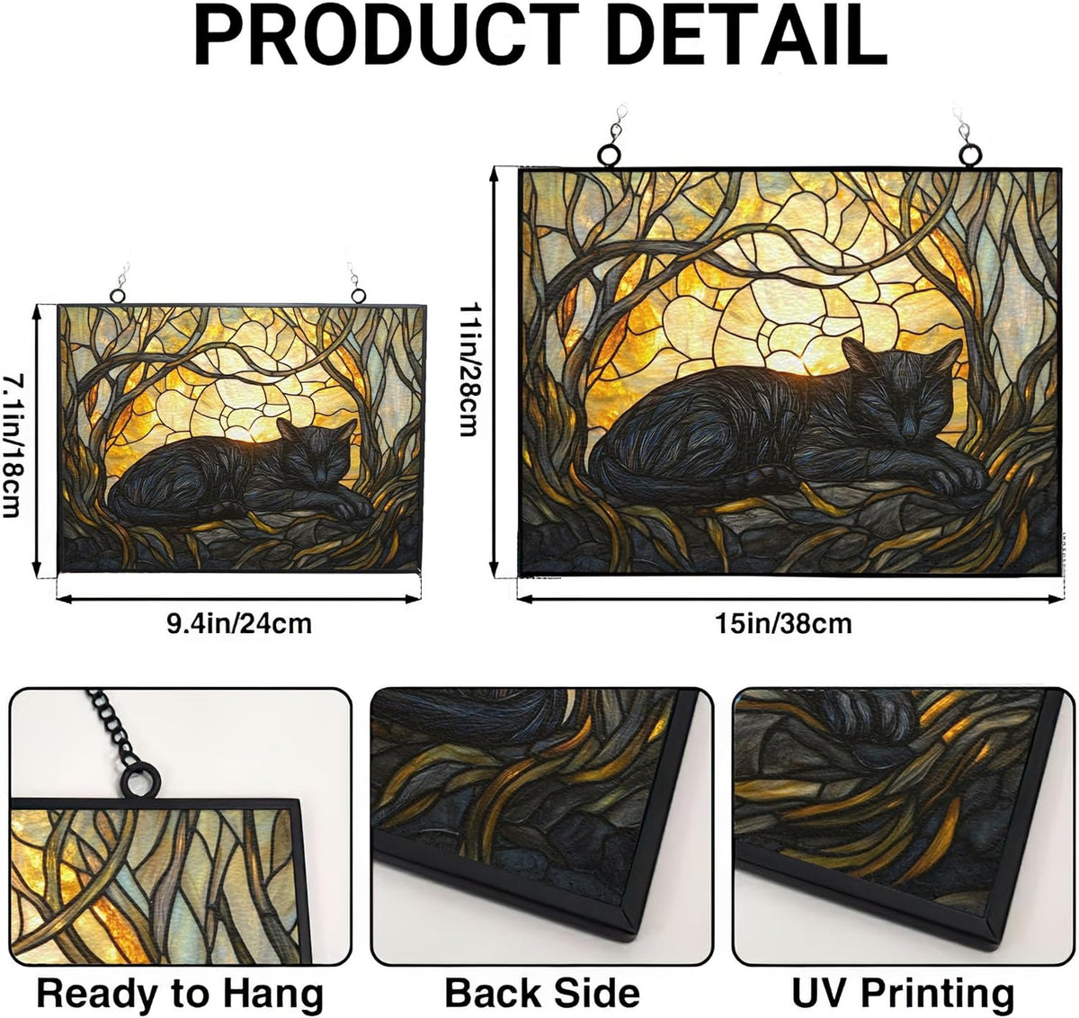 Rectangle Art Nouveau Black Cat Sunbeam Stained Glass Window Hanging Customized Suncatcher Glass