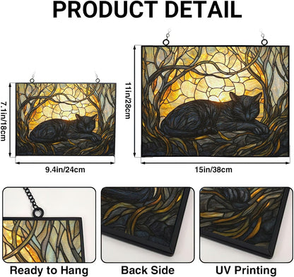 Rectangle Art Nouveau Black Cat Sunbeam Stained Glass Window Hanging Customized Suncatcher Glass