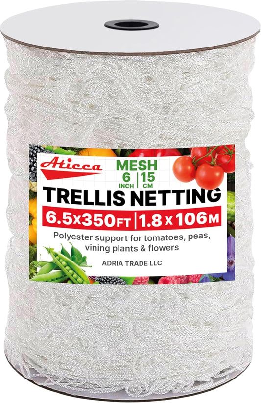 Trellis Netting 6.5 x 350 ft Heavy Duty Polyester Plant Support Netting White - 6 Inch Garden Rope