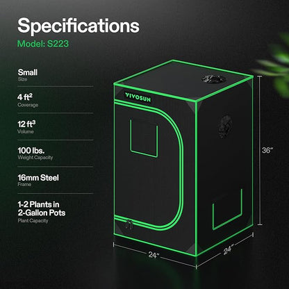 VIVOSUN S223 2x2 Grow Tent, 24"x24"x36" High Reflective Mylar with Observation Window and Floor
