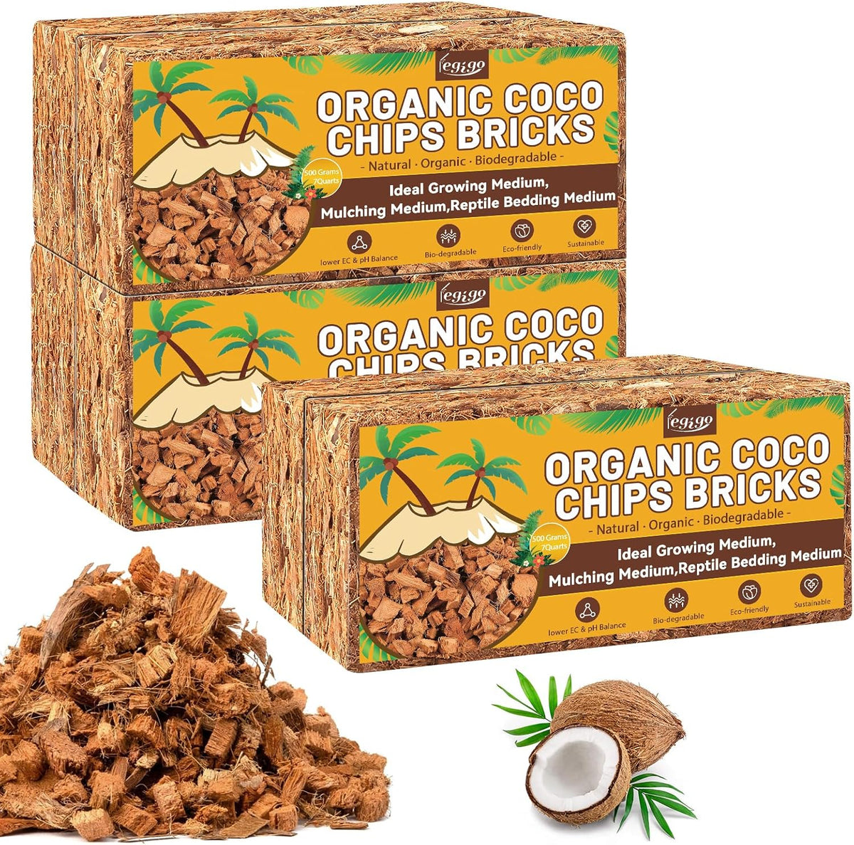 Legigo 6 Pack Coco Husk Chips- 6.6 LB 100% Organic Coconut Coir Chips Brick Potting Soil Mix with