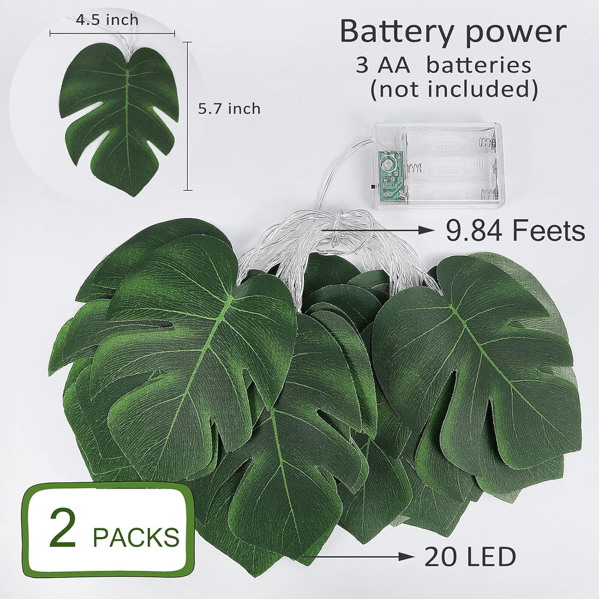 RECUTMS Monstera Leaf String Lights 2 Pack, 20LED Tropical Artificial Rattan Palm Green Leaves Wall