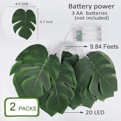 RECUTMS Monstera Leaf String Lights 2 Pack, 20LED Tropical Artificial Rattan Palm Green Leaves Wall