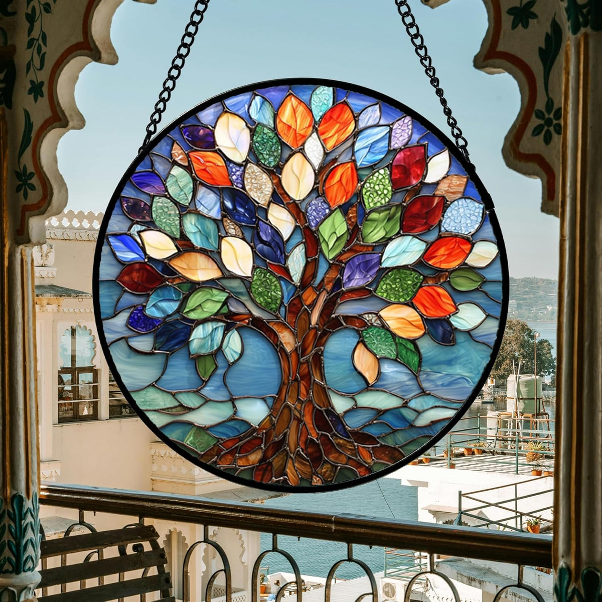 Stained Glass Window Hanging, Colorful Tree of Life Sun Catchers Glass Panel Blue Suncatcher Decor