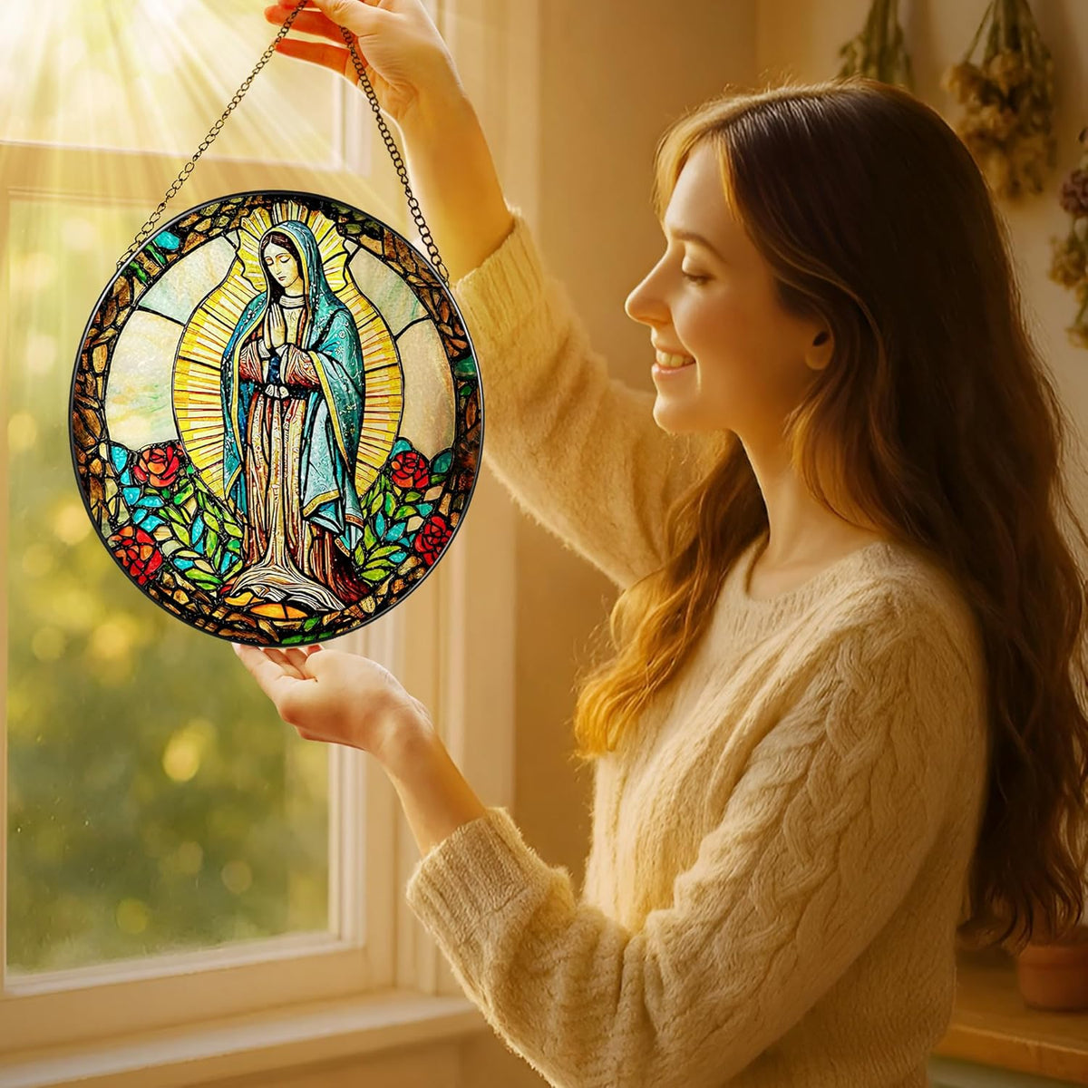 8 Inch Our Lady of Guadalupe Stained Glass Suncatcher, Stained Glass Window Hanging, Mexican Mom