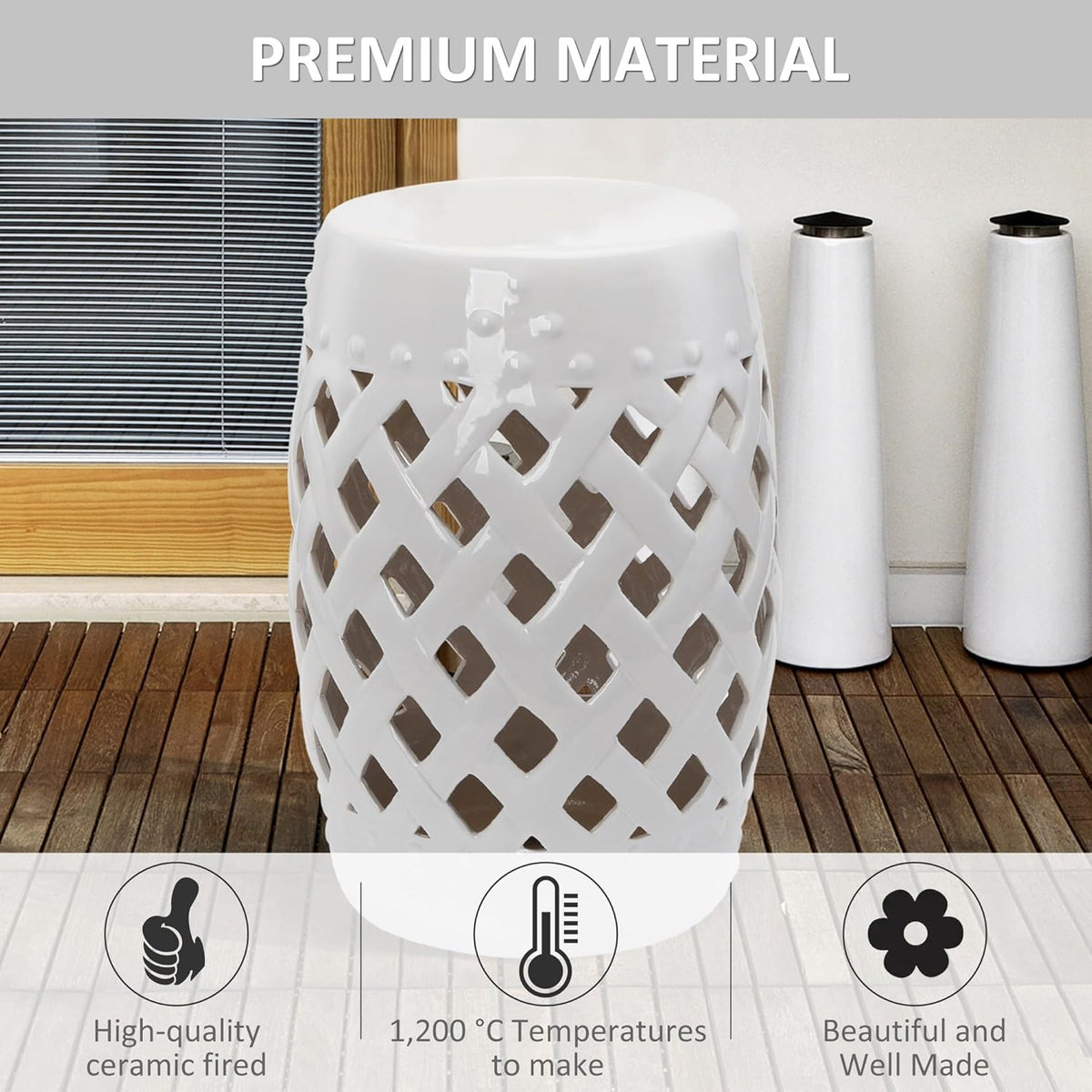 Outsunny 13" x 18" Ceramic Garden Stool with Woven Lattice Design & Glazed Strong Materials