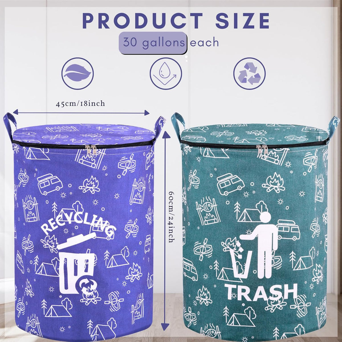 1 Pcs 30 Gallon Collapsible Trash Can Portable Waterproof Reusable with Zippered Lid for RV's