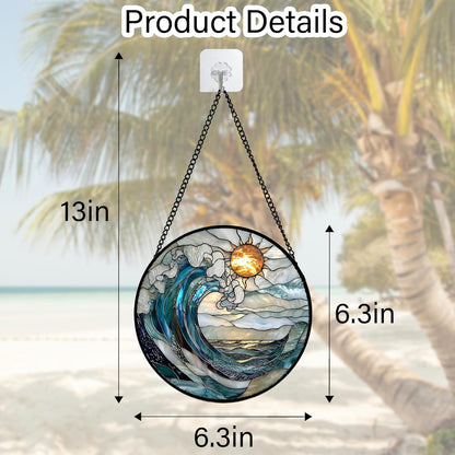 Stained Glass Window Hanging, Blue and White Waves Suncatcher Diamond Glass Panel Landscape Sun