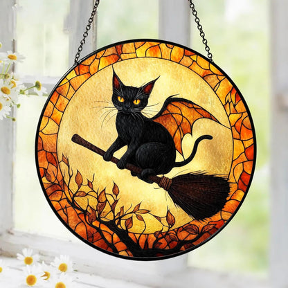Black Cat Stained Glass Suncatcher, Halloween Cat Witch Window Hanging Decor, Pumpkin Spooky