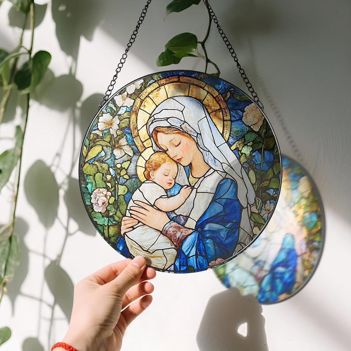 8 Inch Virgin Mary Stained Glass Suncatcher, Suncatchers for Windows Hanging, Baby Jesus Window