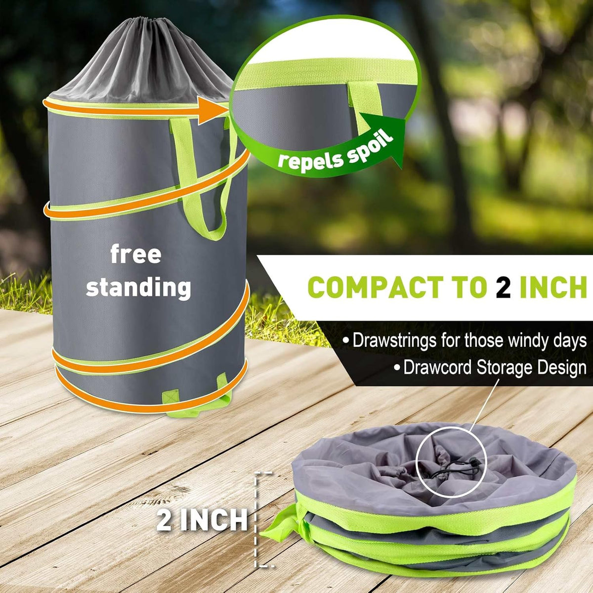 Resuable Leaf Bag 2 Pack, Collapsible Trash Can for Camping, Garden Waste Bag Pop Up, 120L Large