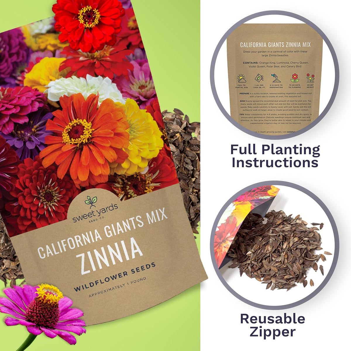 Bulk Zinnia Seeds - California Giants Mix - 5 Pounds - Over 240,000 Flower Seeds - Mixed Colors and