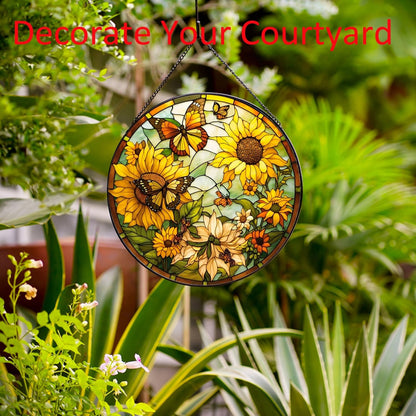 Sunflower Hanging Stained Glass for Windows,20cm/7.87inch Hand-Painted Sun Catcher Garden Hangings