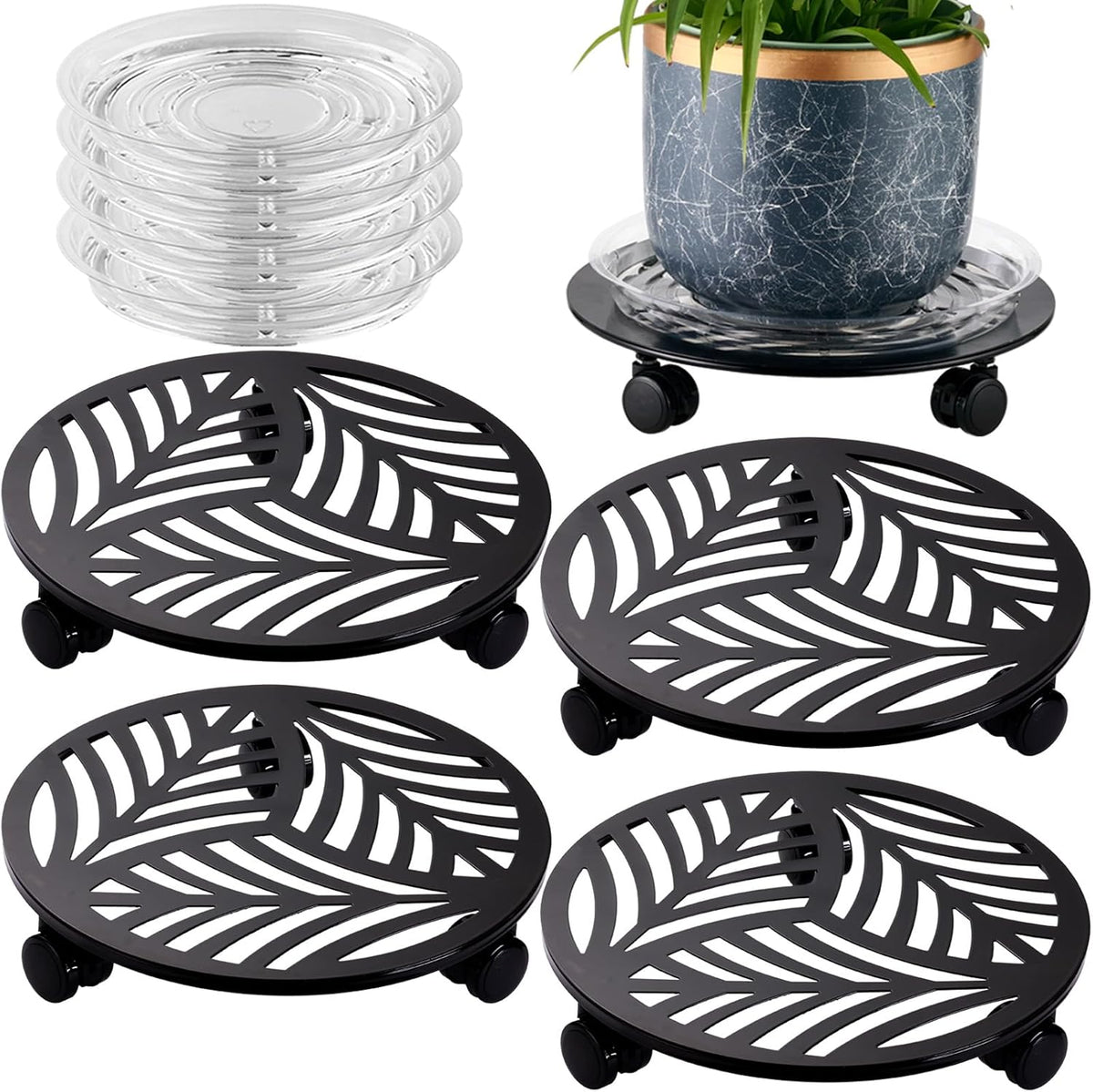 4 Packs Large Metal Plant Caddy with 3 PU Wheels 12" Heavy-duty Wrought Iron Rolling Plant Stands