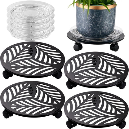4 Packs Large Metal Plant Caddy with 3 PU Wheels 12" Heavy-duty Wrought Iron Rolling Plant Stands